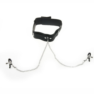 Collier en cuir synthétique noir et pinces tétons réglables avec chainette