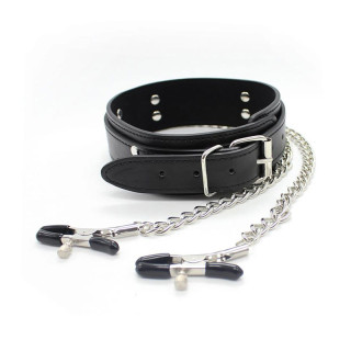 Collier en cuir synthétique noir et pinces tétons réglables avec chainette