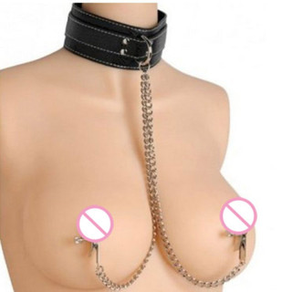 Collier en cuir synthétique noir et pinces tétons réglables avec chainette