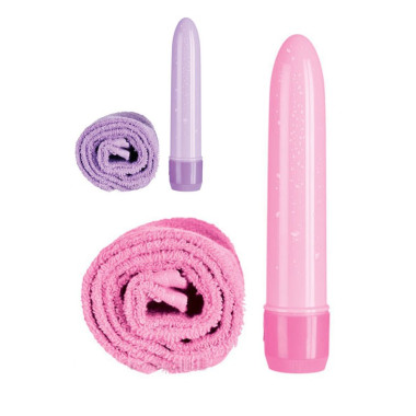 Vibromasseur et sa serviette éponge rose Yomi